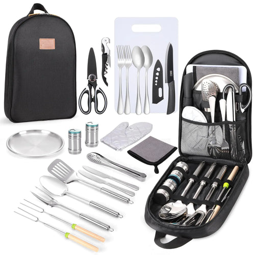 Camping Cooking Utensils Set- Camping Essentials Camping Accessories Gear Must Haves Camper Tent Camping Kitchen Equipment RV Cookware Supplies Gadgets Outdoor Stove Portable Picnic Gifts BBQ Stuff